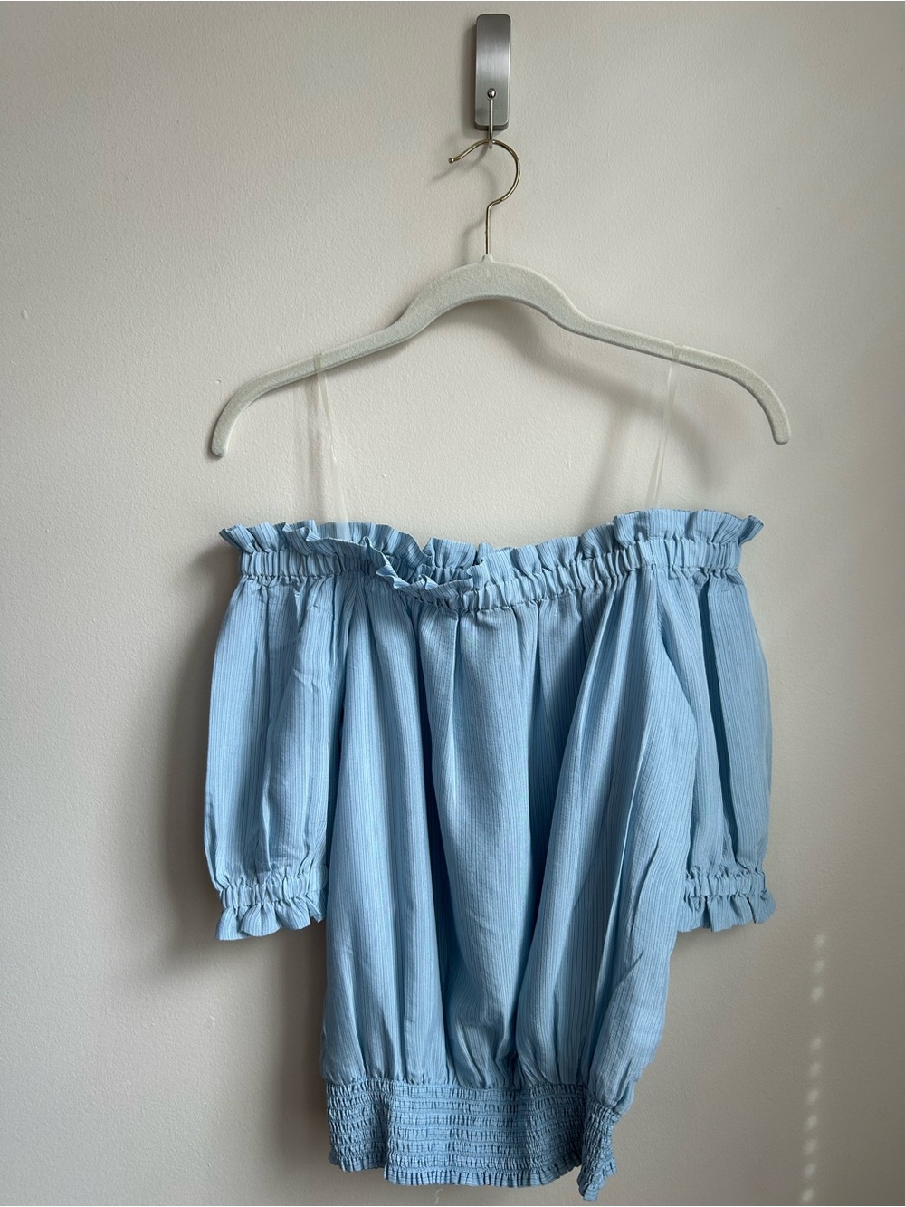 Ann Taylor Light Blue Off-the-Shoulder Smocked Hem Blouse